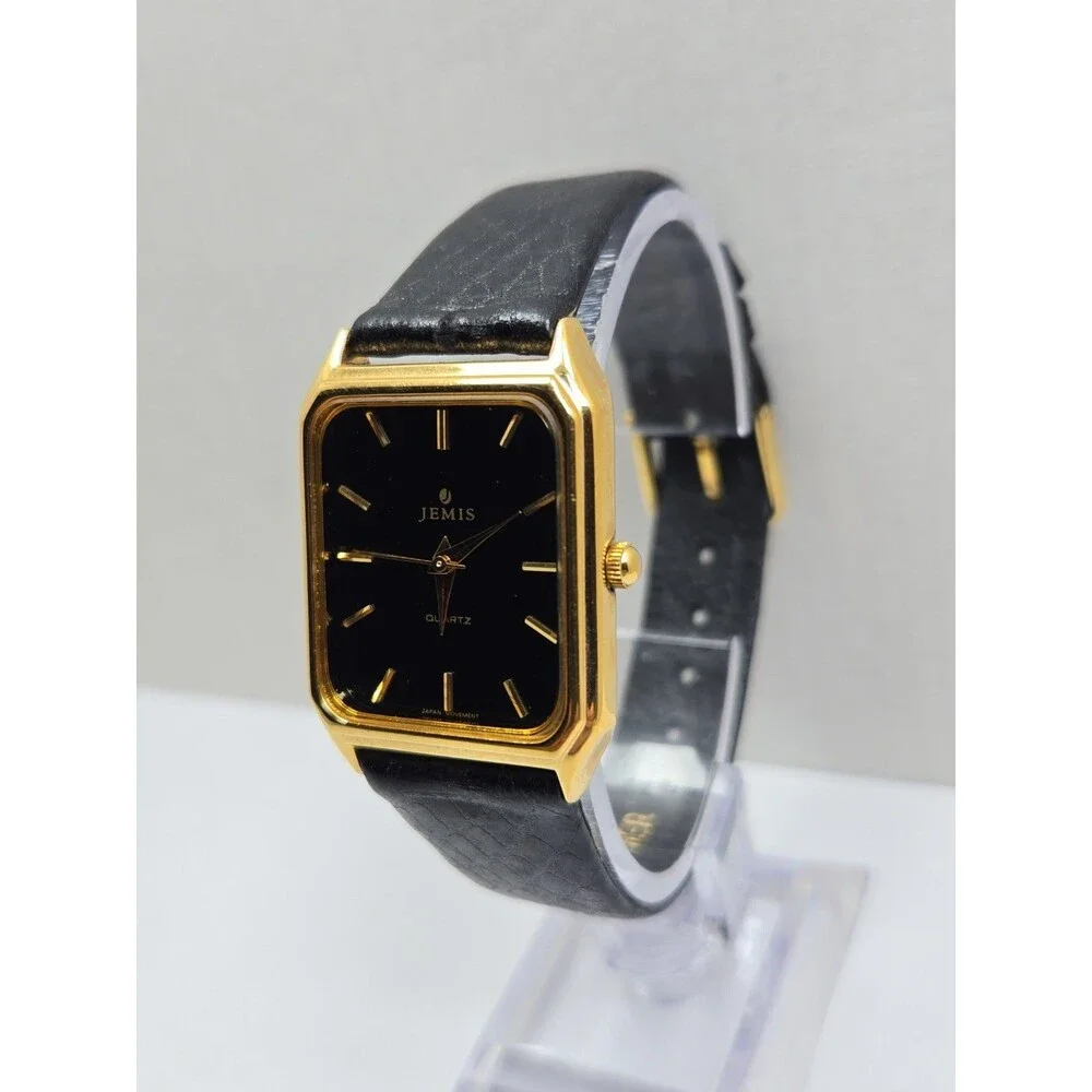 Vintage Jemis by Seiko 27mm Tank Dress Watch Black Dial Gold Tone New Battery